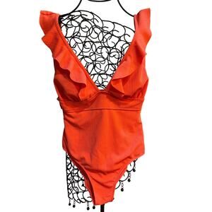 SHEIN Bright Orange Color Ruffle Sleeves Swimwear One Piece Size XL